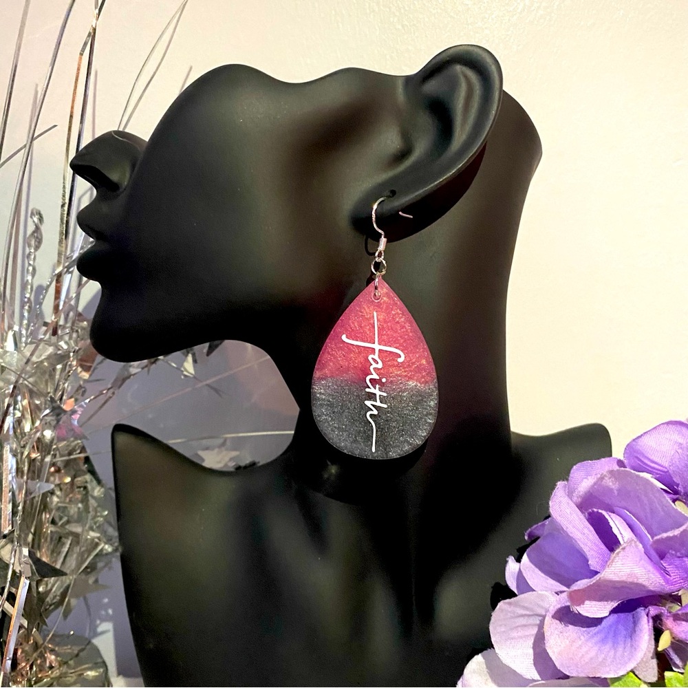 SJB handmade pink gray teardrop resin earrings silver fish hook rubber back